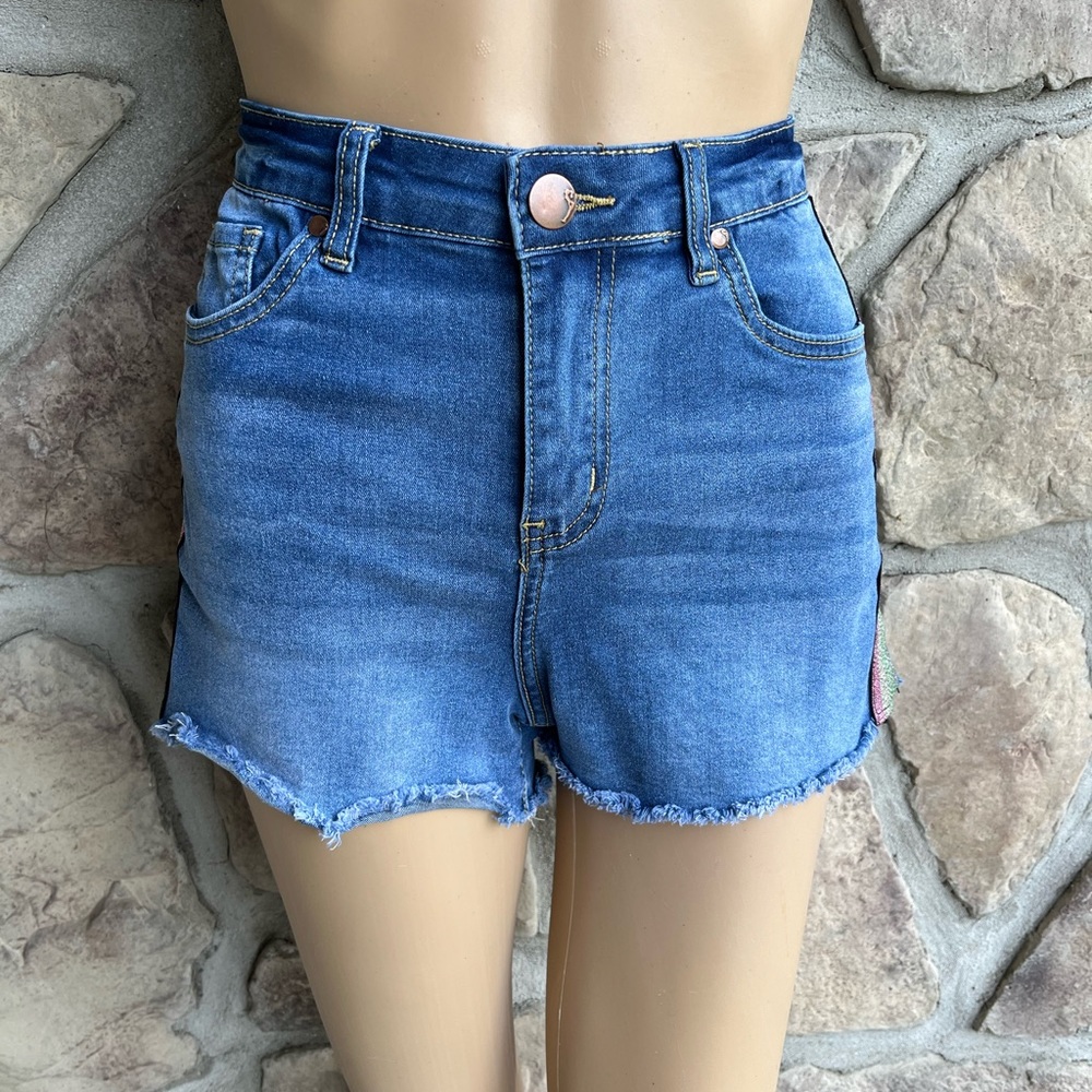 DOLLHOUSE | High Waist Shorts with Rainbow Striped Glitter Band